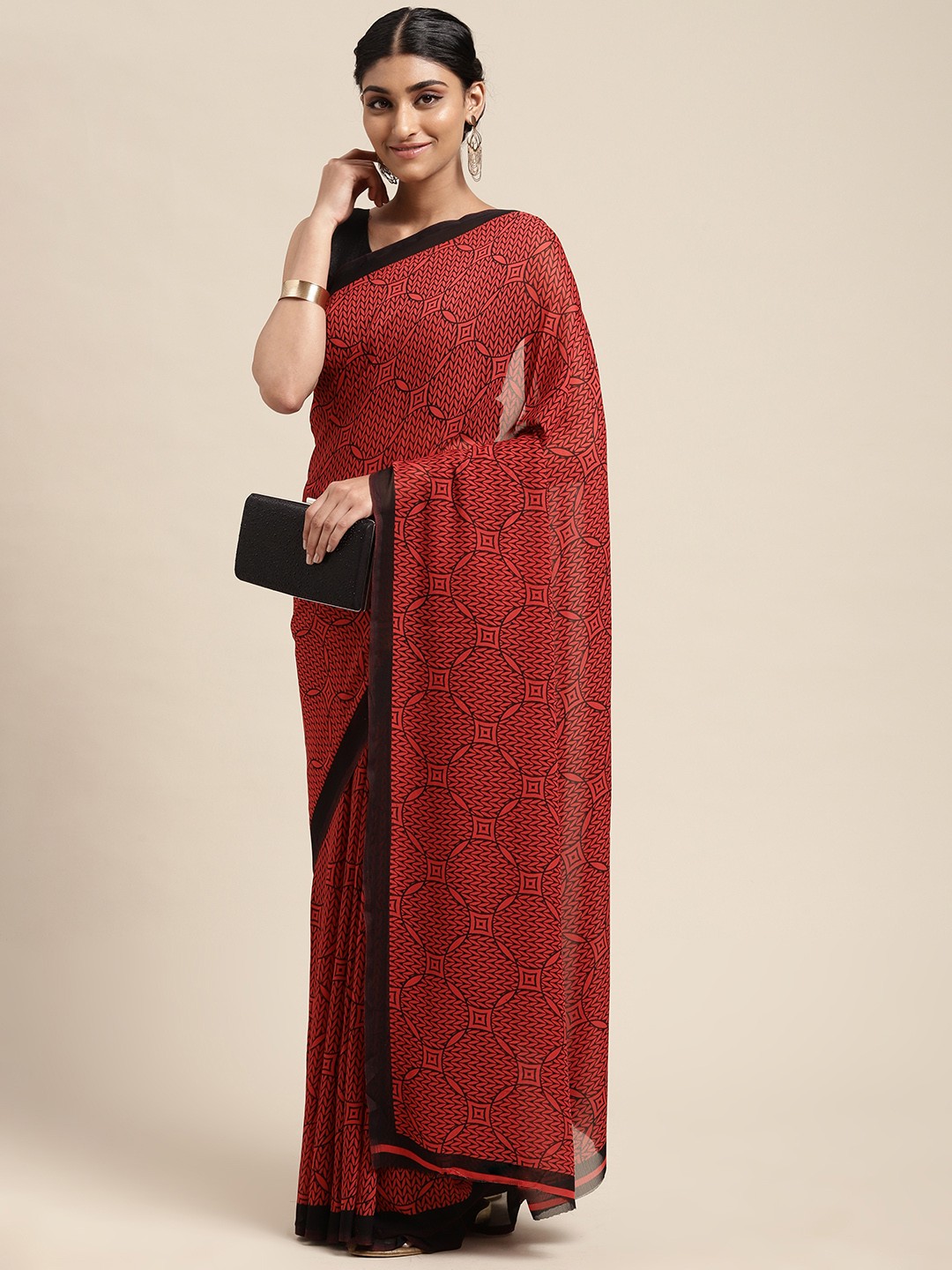 

KALINI Red & Black Poly Georgette Casual Saree