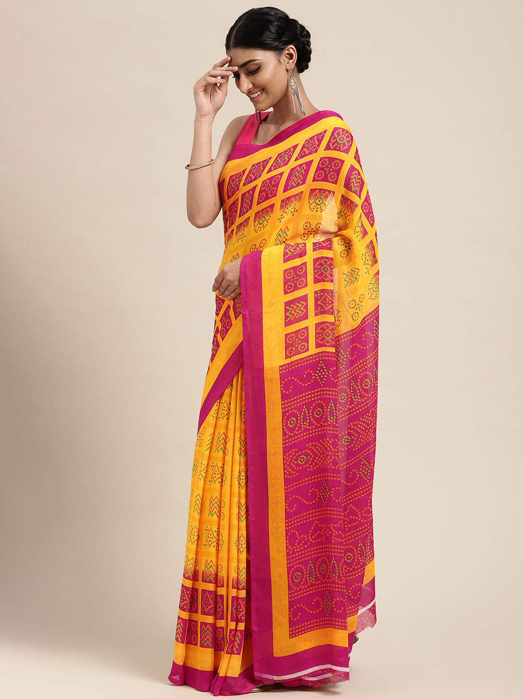 

KALINI Yellow & Pink Bandhani Saree