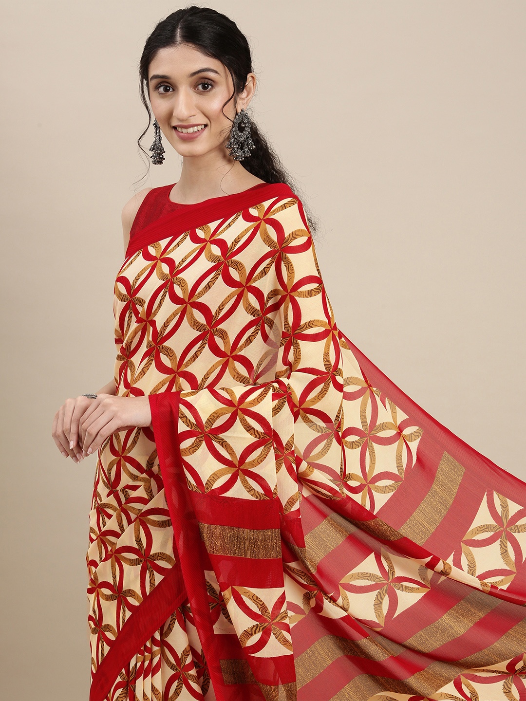 

KALINI Cream-Coloured & Red Ethnic Motifs Saree