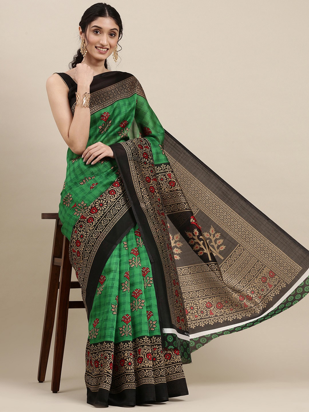 

KALINI Green & Black Ethnic Motifs Saree
