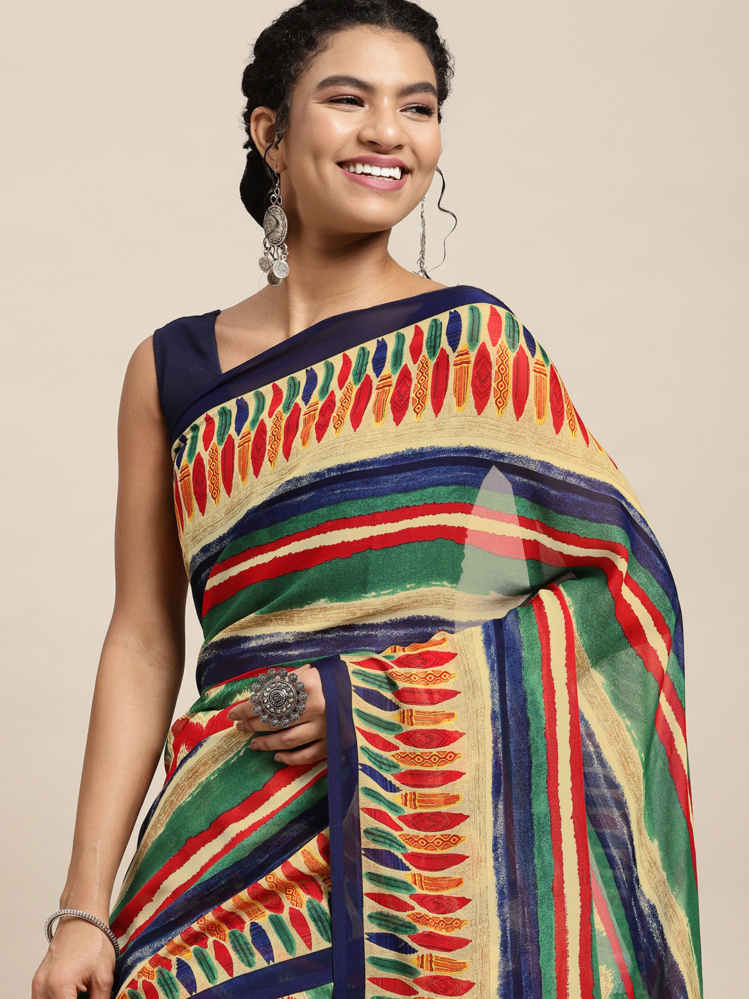 

KALINI Navy Blue & Beige Ethnic Motifs Saree