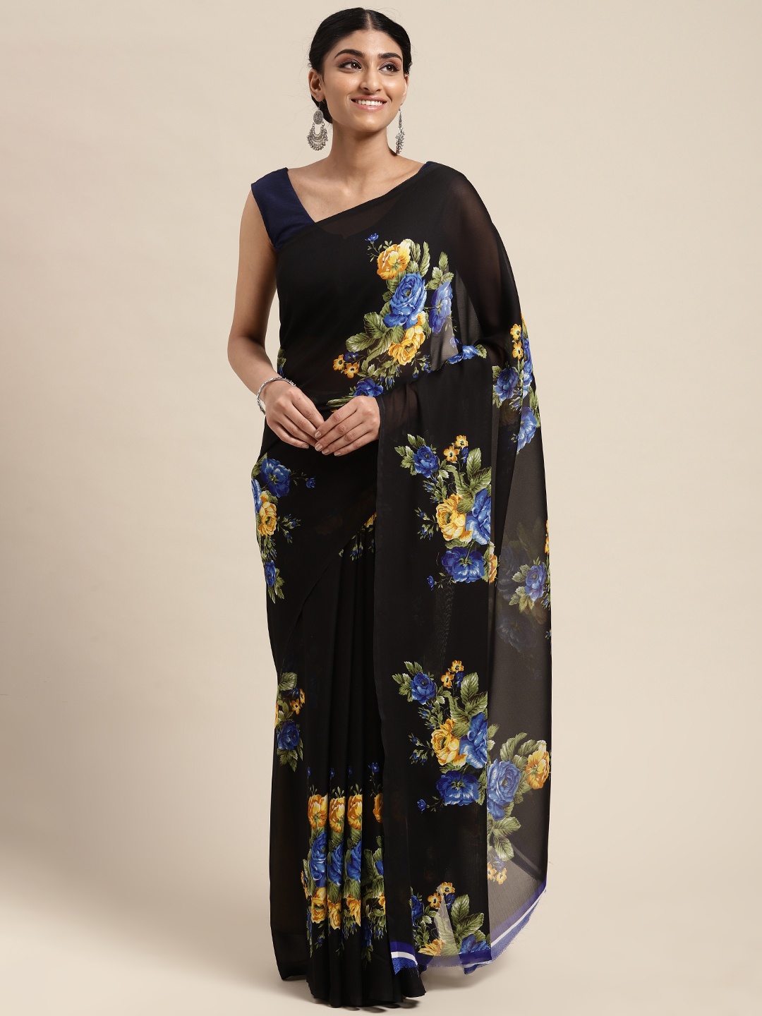 

KALINI Black & Blue Poly Georgette Casual Saree