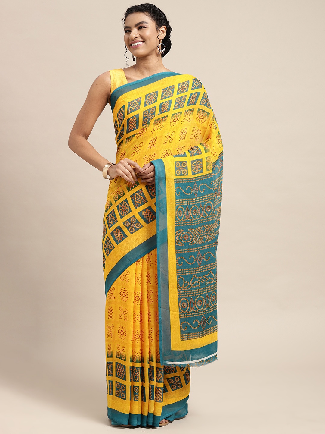 

KALINI Yellow & Blue Ethnic Motifs Saree