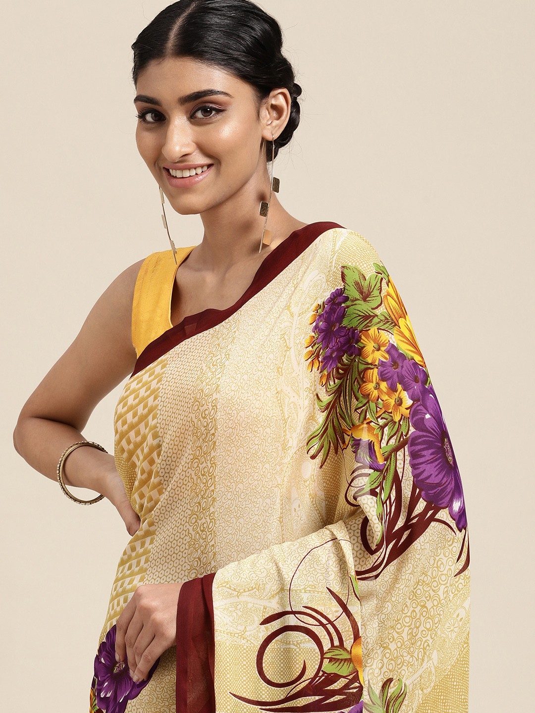 

KALINI Beige & Red Floral Poly Georgette Casual Saree
