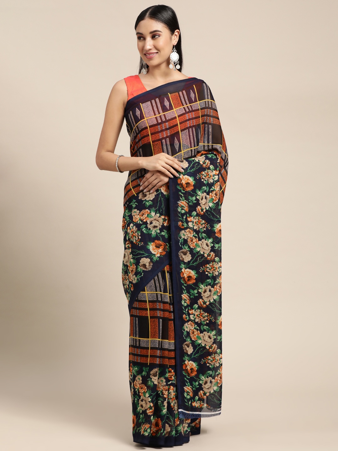

KALINI Navy Blue & Green Floral Saree