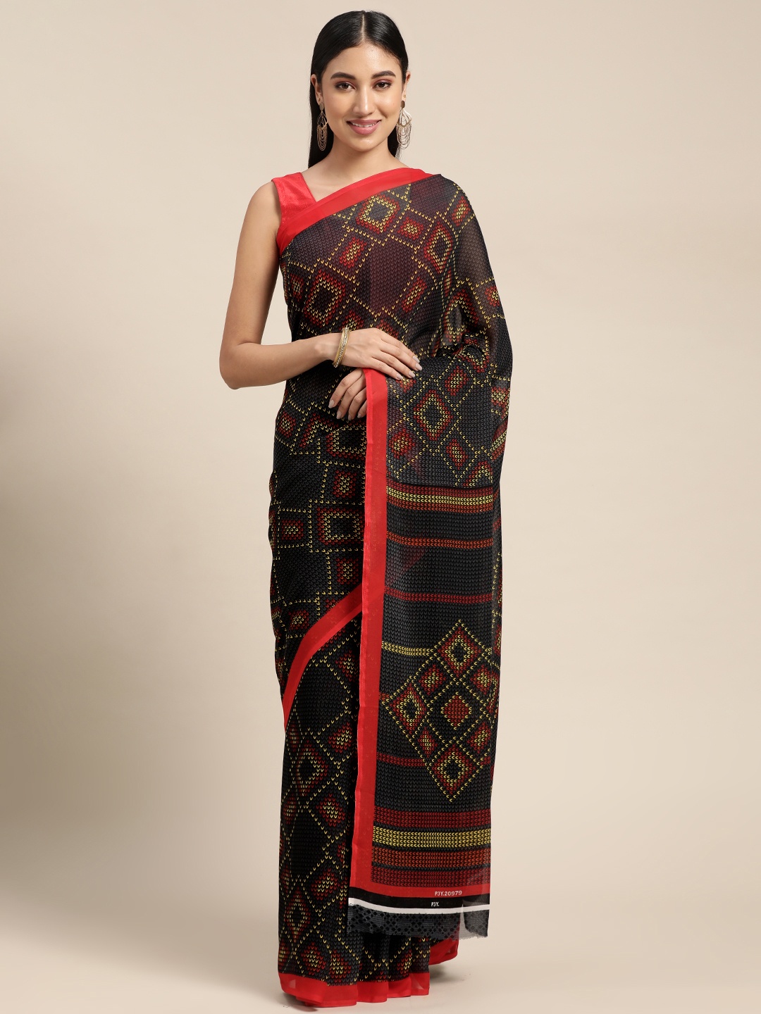 

KALINI Navy Blue & Red Bandhani Saree