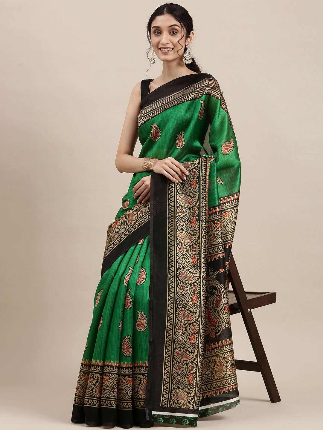 

KALINI Green & Black Ethnic Motifs Saree