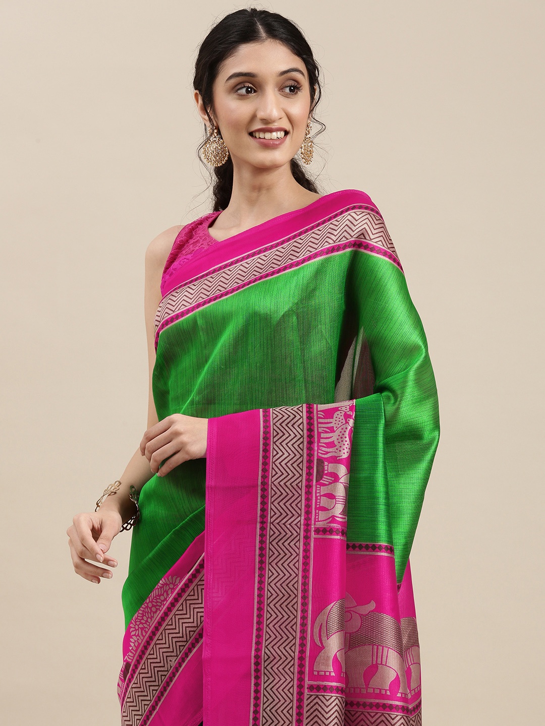 

KALINI Women Green & Pink Ethnic Motifs Art Silk Saree