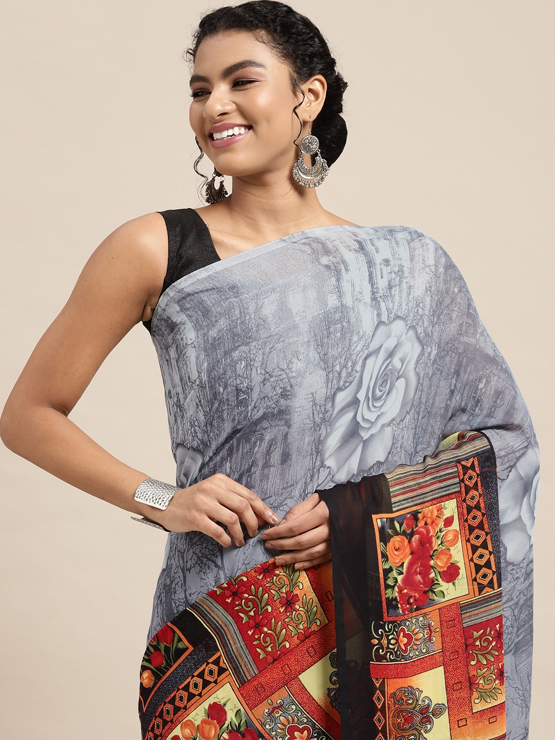 

KALINI Grey & Orange Floral Saree