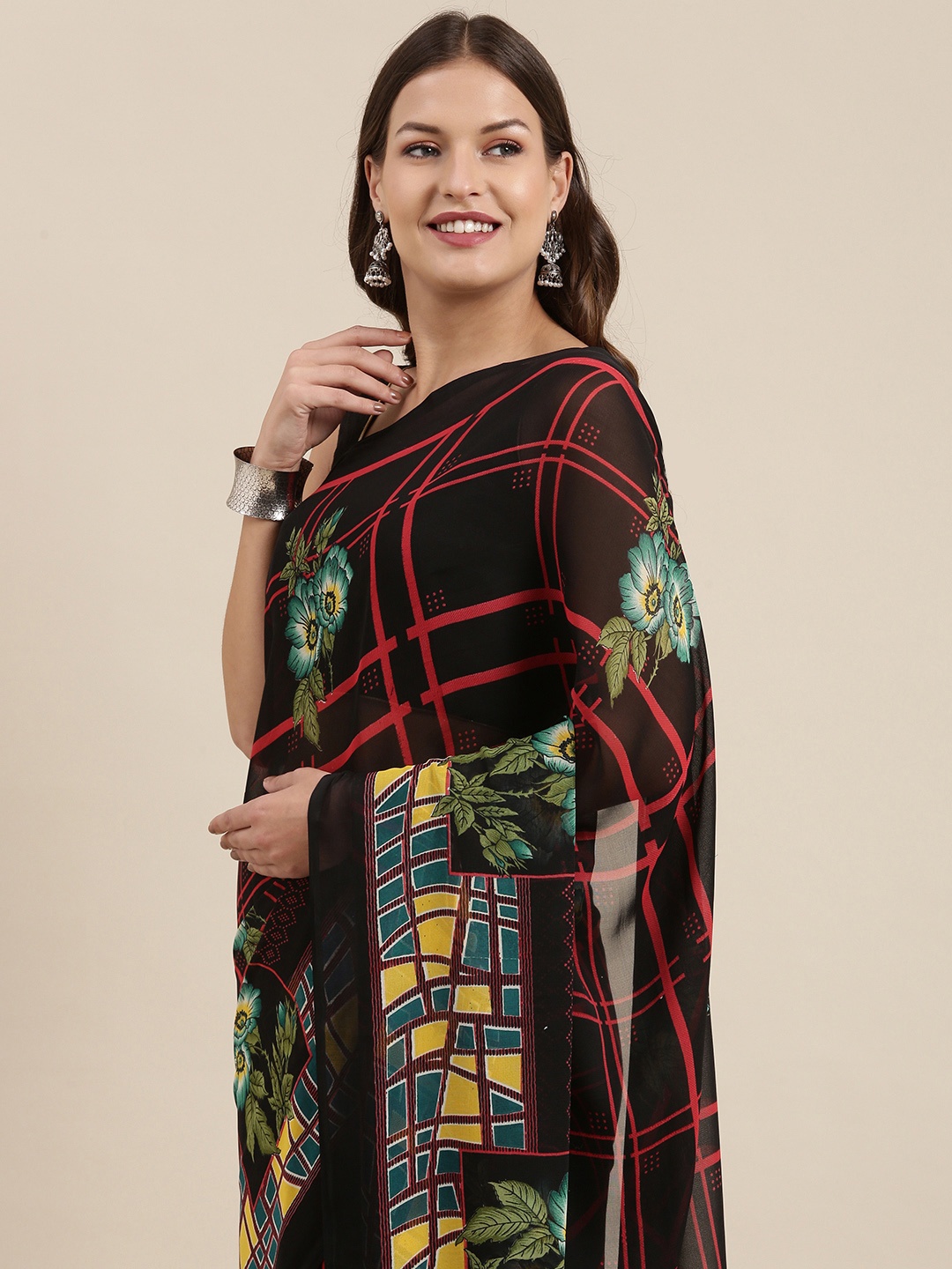

ANAND SAREES Black & Red Floral Saree
