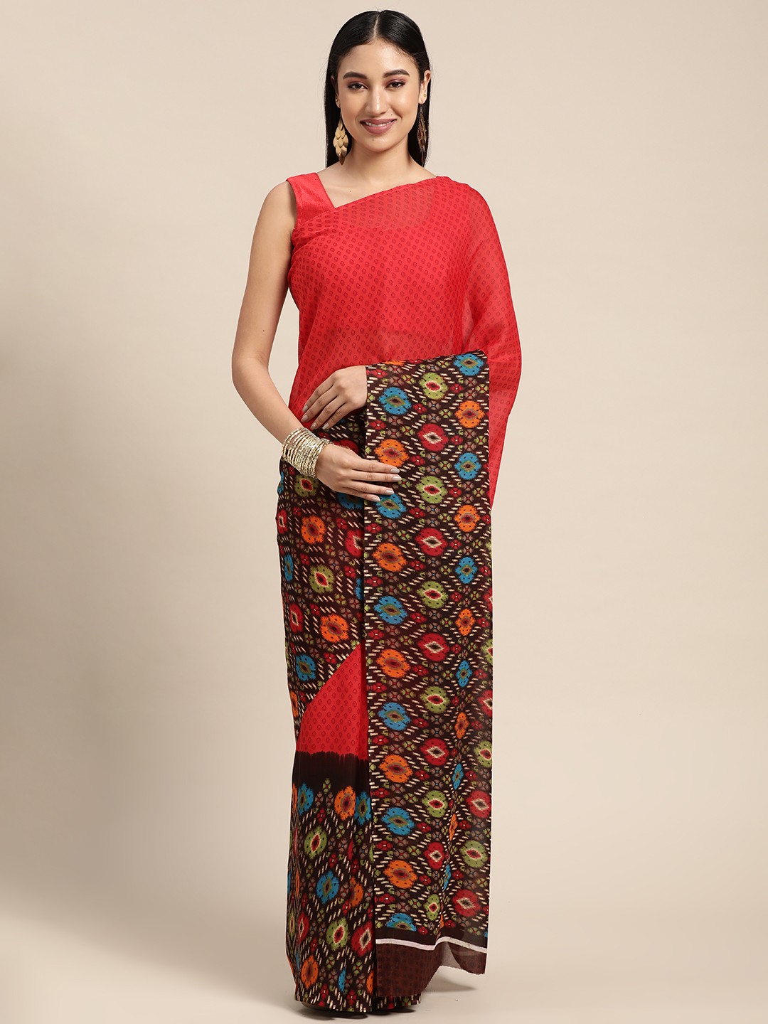 

KALINI Red & Brown Abstract Printed Saree