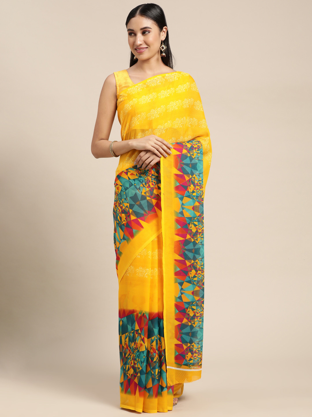

KALINI Yellow & Green Abstract Printed Saree