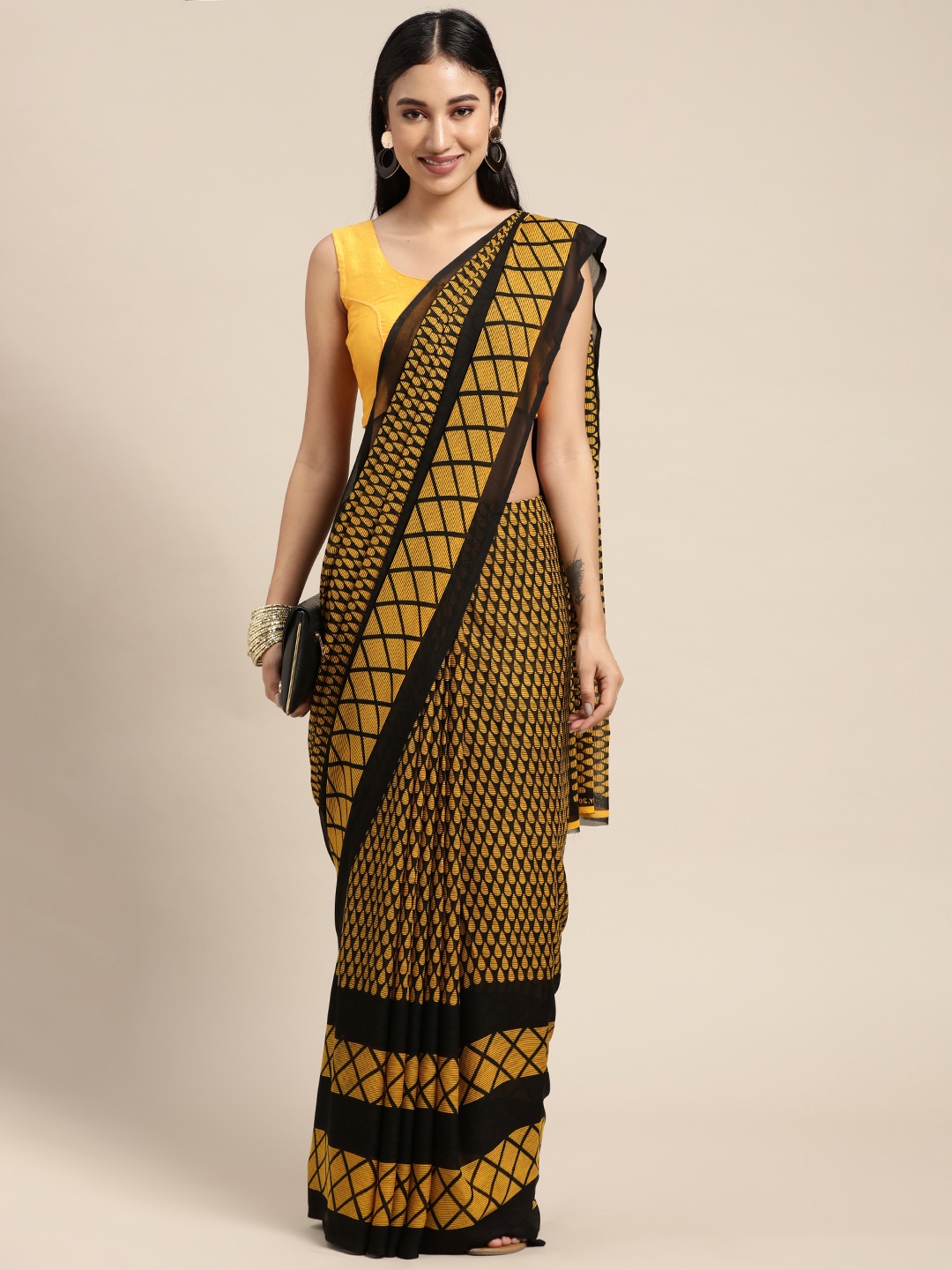 

ANAND SAREES Yellow & Black Geometric Printed Saree