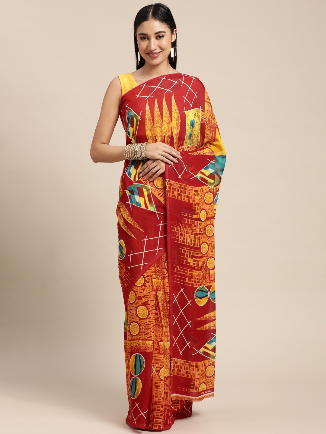 

KALINI Orange & Red Abstract Printed Saree