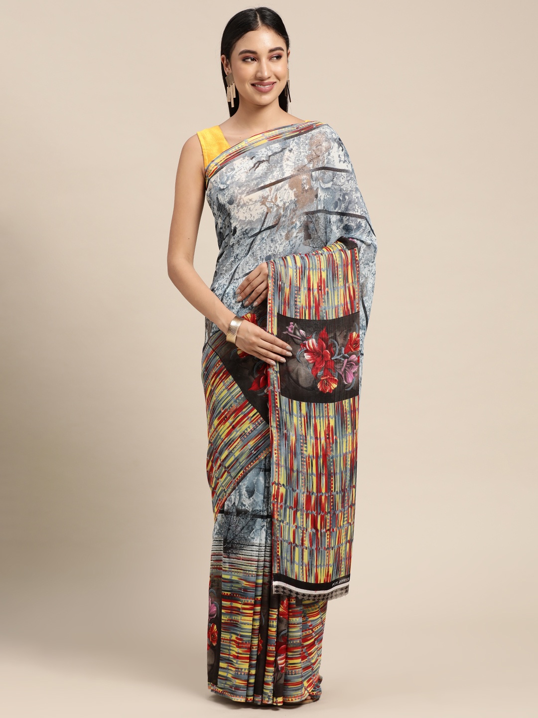 

KALINI Grey & Red Abstract Printed Saree