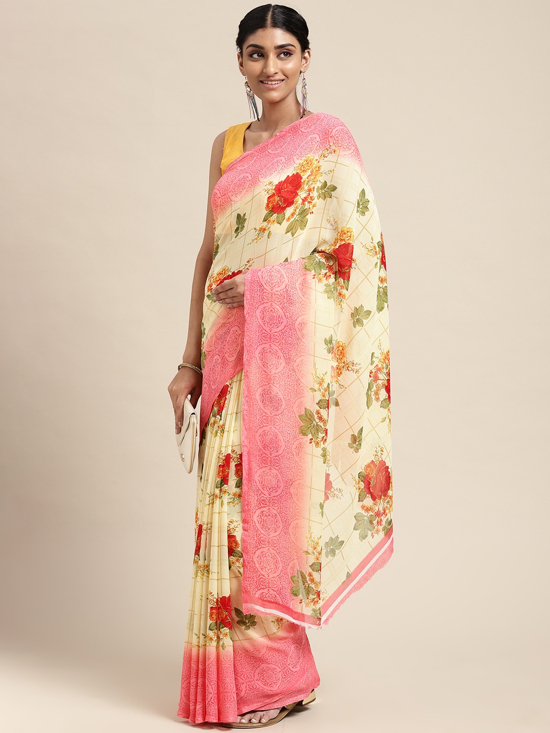 

KALINI Beige & Pink Floral Saree