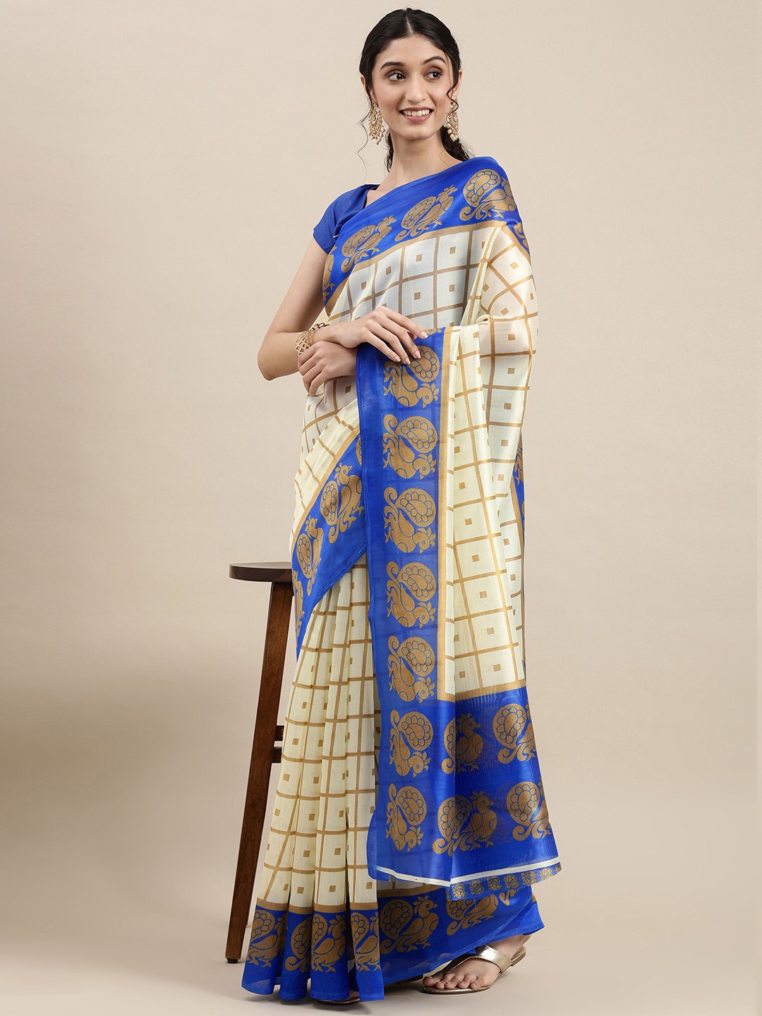

ANAND SAREES White & Blue Art Silk Saree