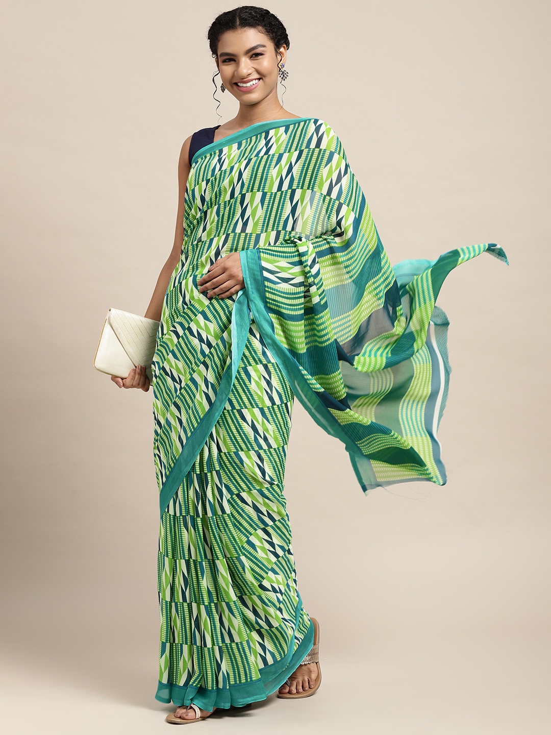 

KALINI Green & White Printed Saree