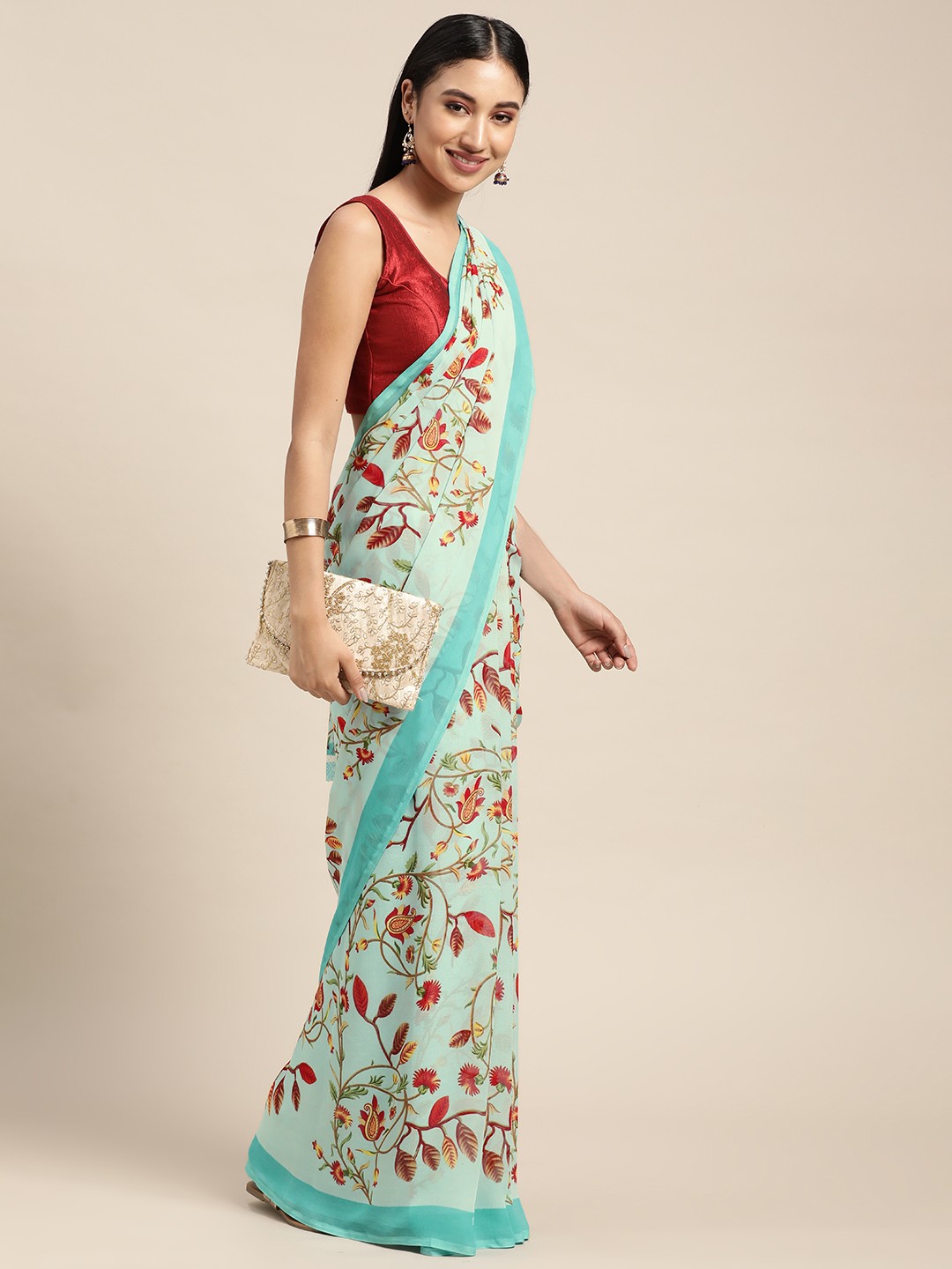 

KALINI Blue Floral Poly Georgette Casual Saree