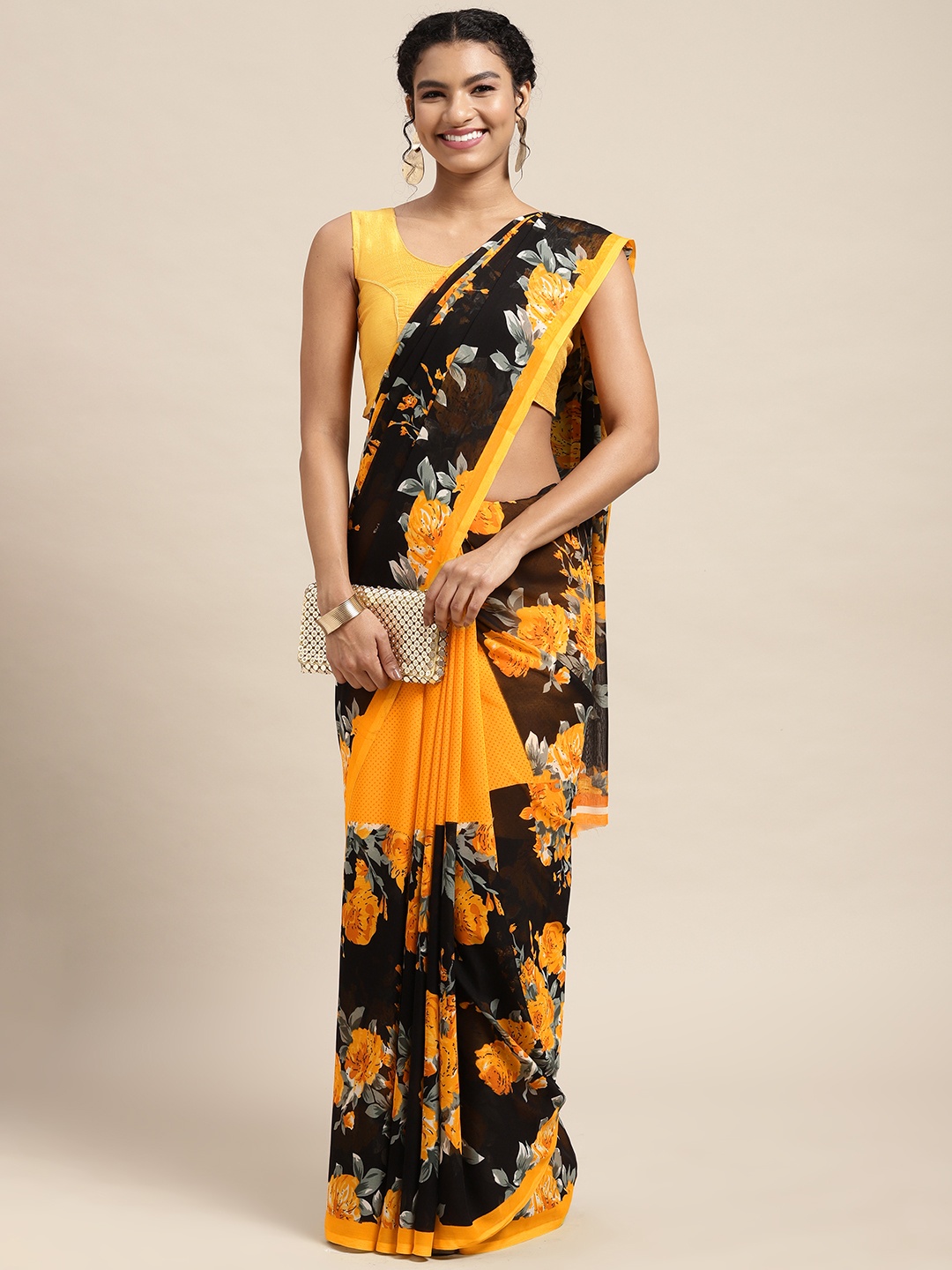 

Moda Rapido Black & Mustard Yellow Floral Saree