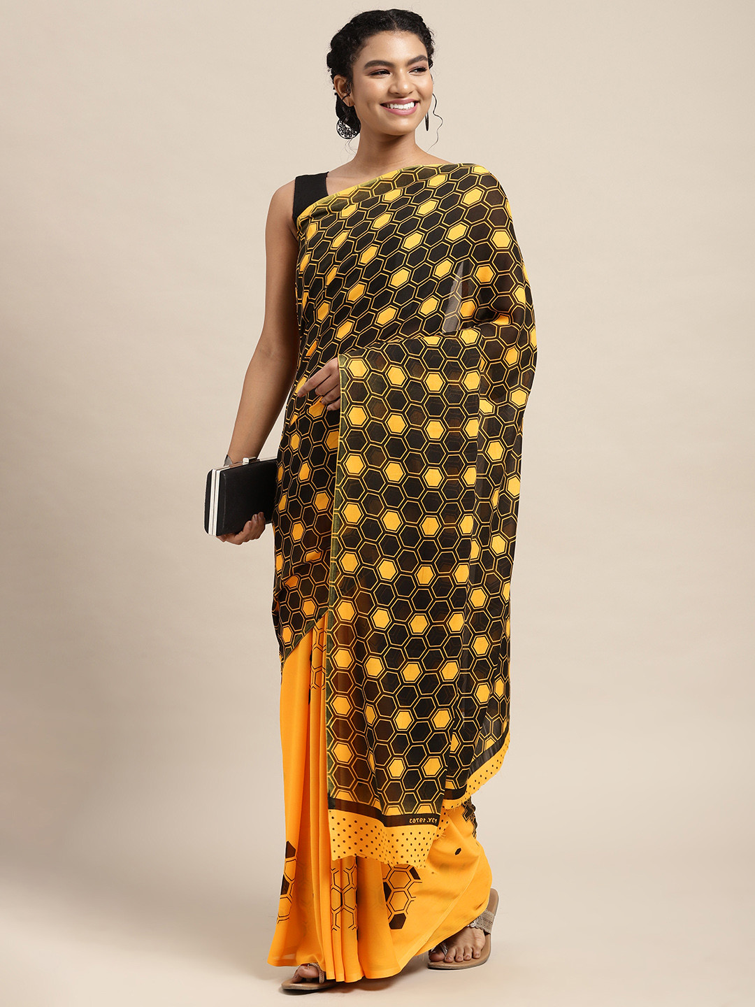 

KALINI Black & Mustard Yellow Half and Half Saree
