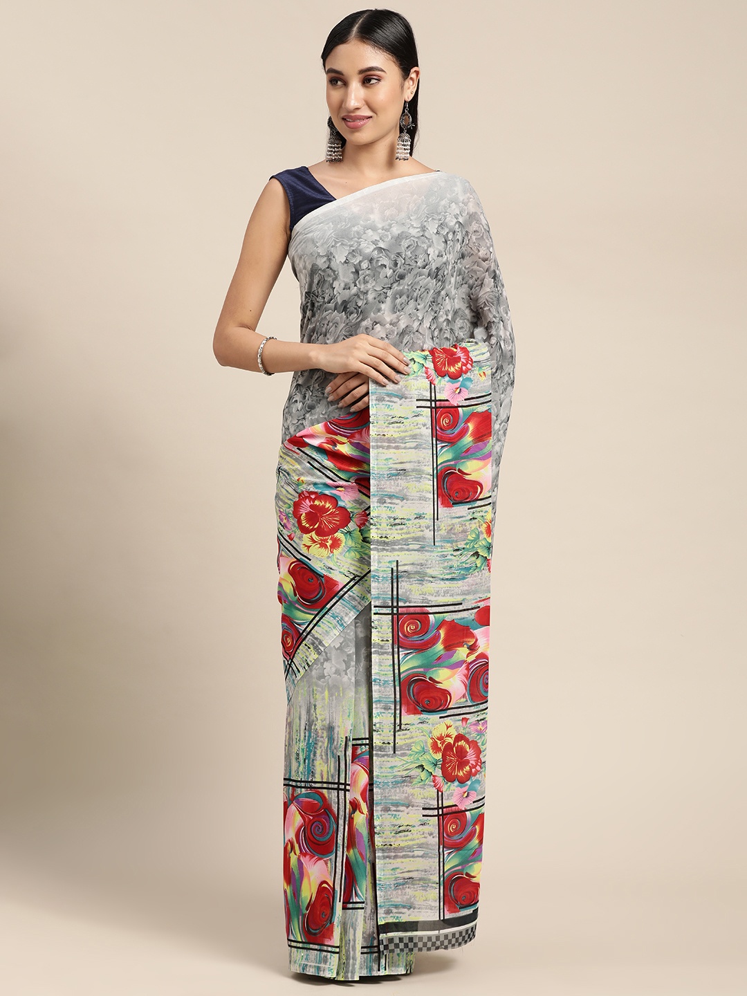 

KALINI Grey & Red Floral Saree