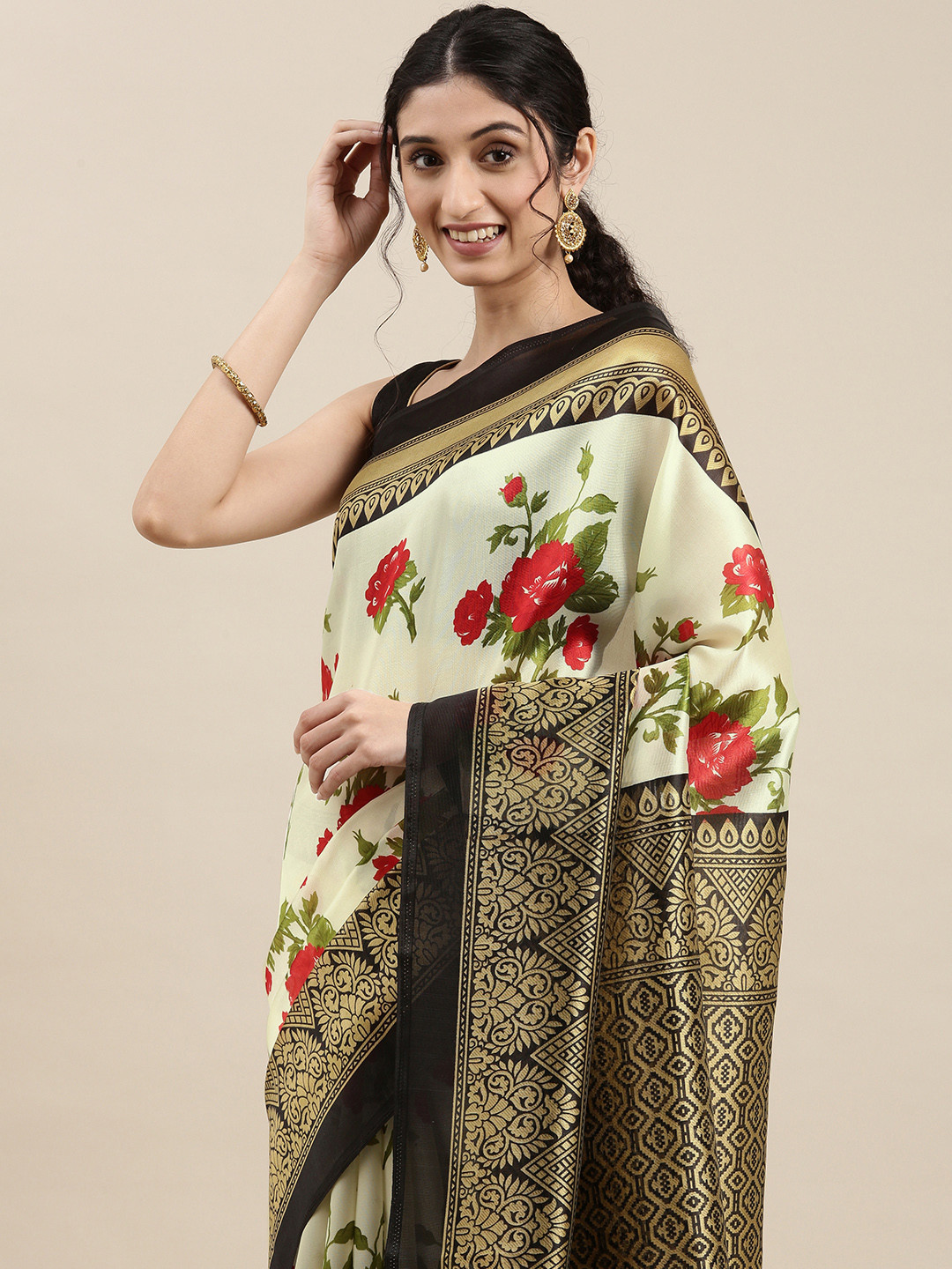 

KALINI Women White & Black Floral Saree