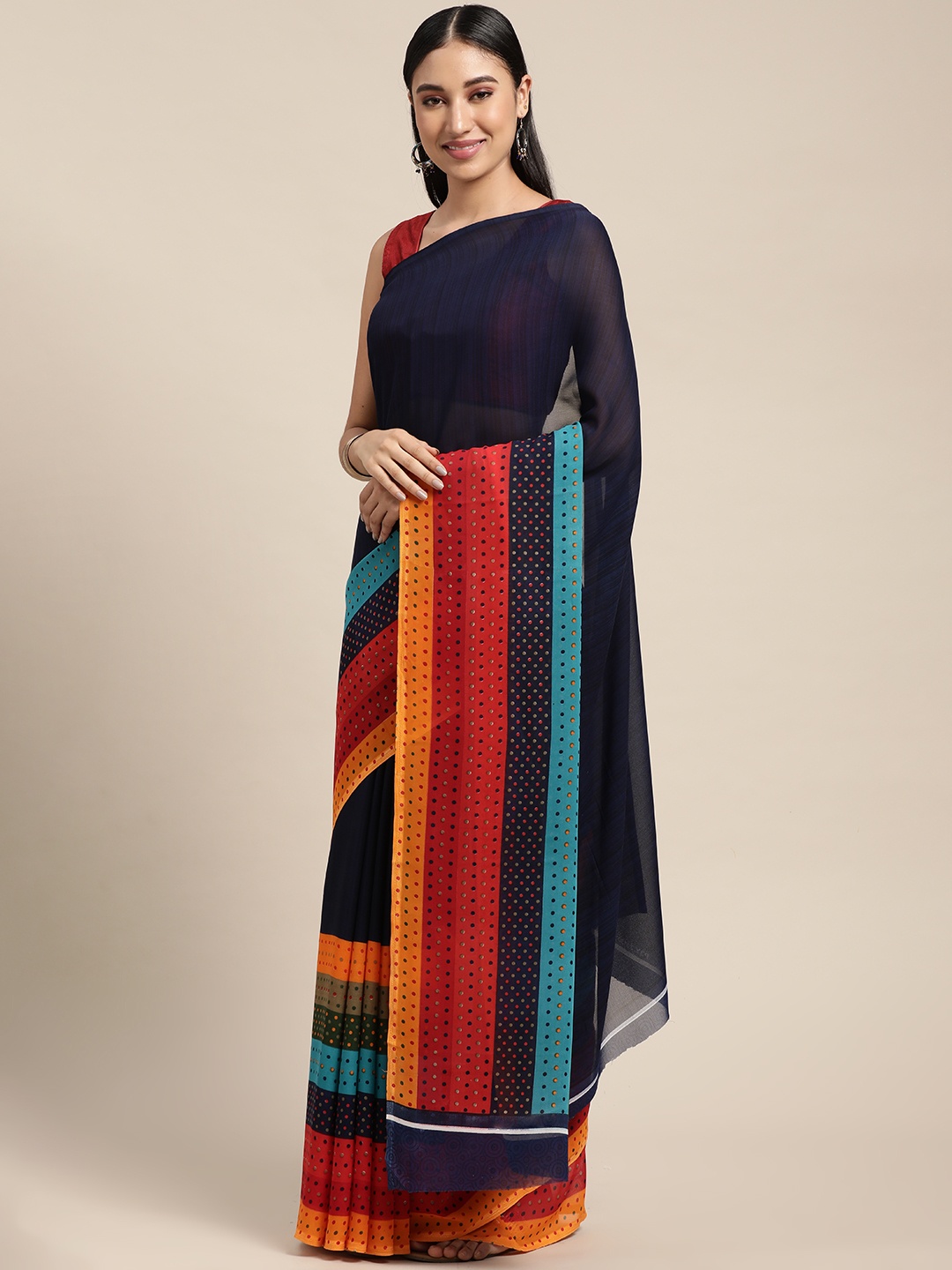 

KALINI Navy Blue Poly Georgette Casual Saree