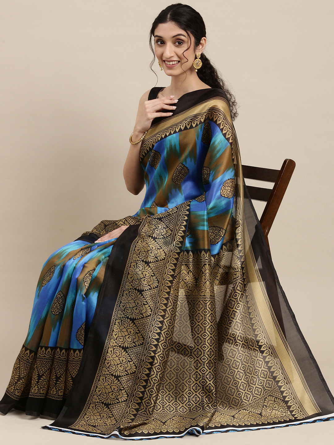 

KALINI Blue & Black Ethnic Motifs Art Silk Saree