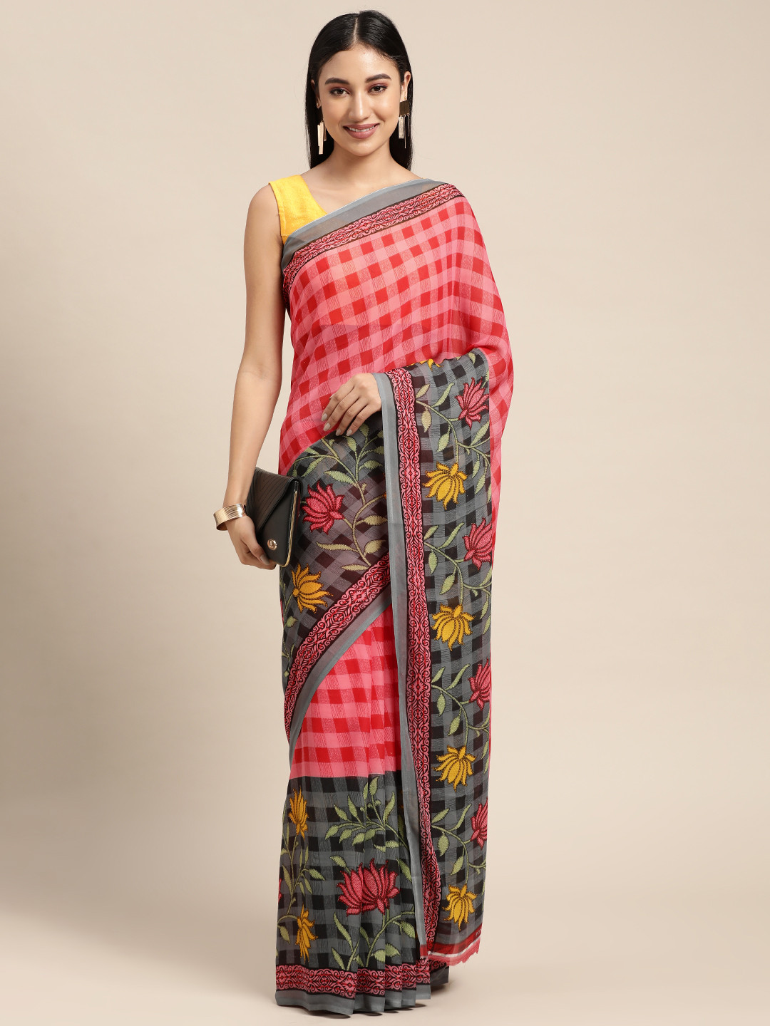 

KALINI Pink & Black Checked Saree
