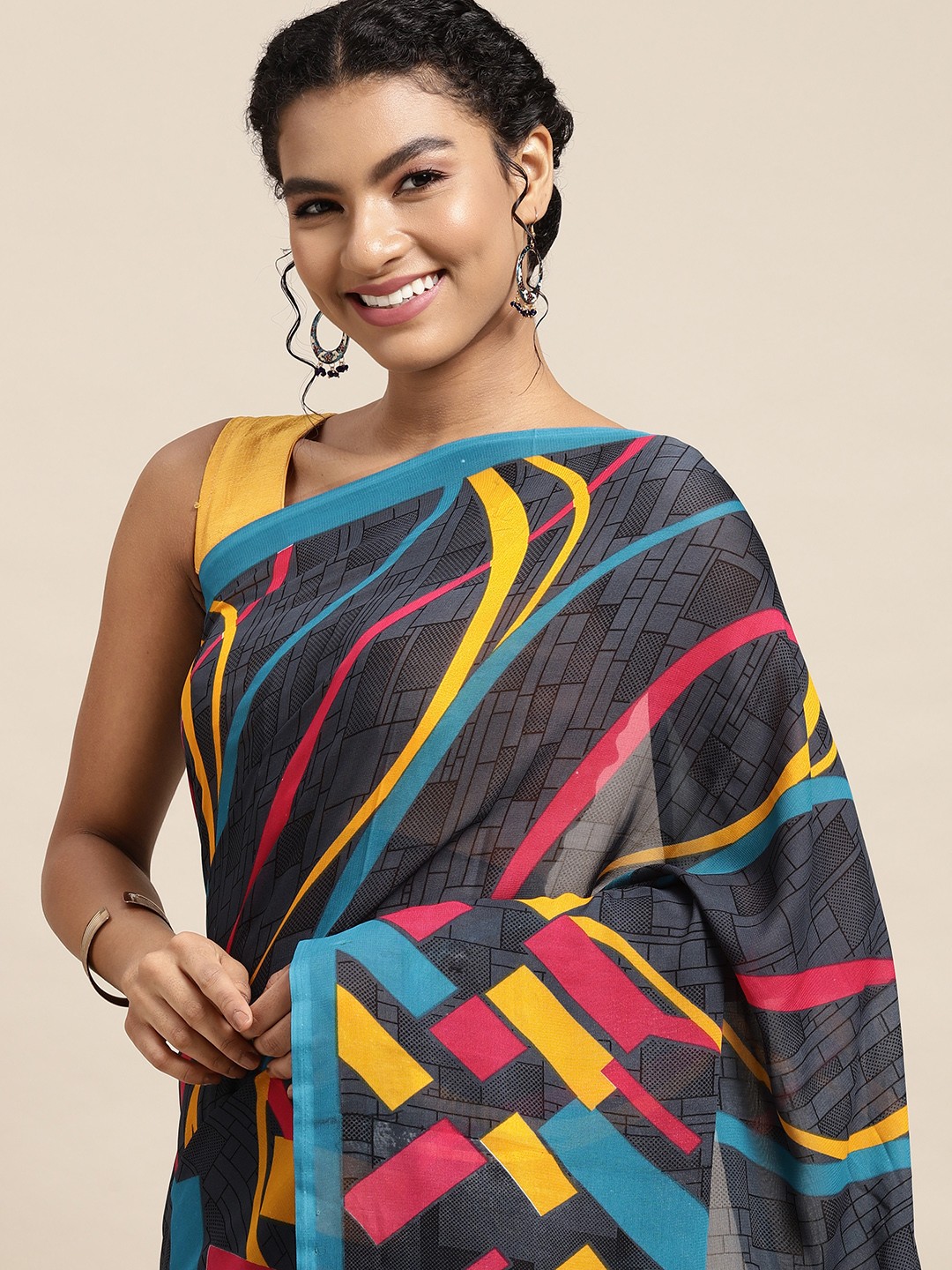 

KALINI Navy Blue & Yellow Printed Saree