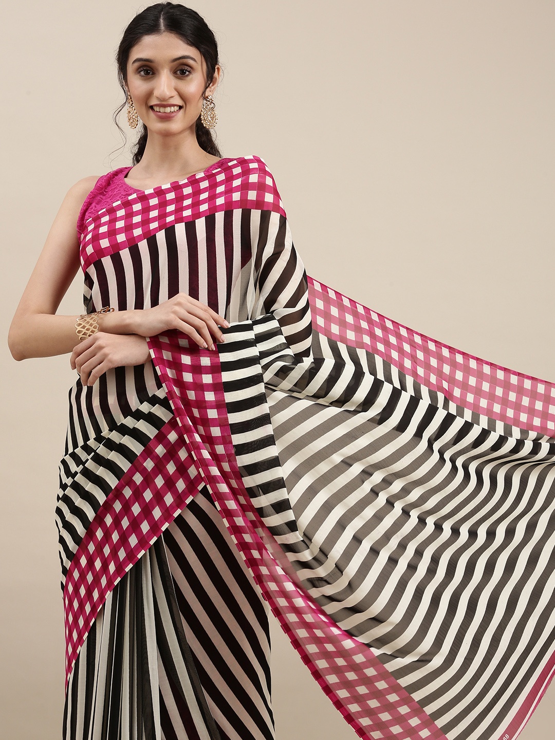 

ANAND SAREES Black White Striped Saree