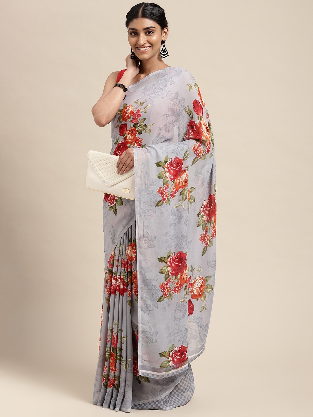 

KALINI Grey Floral Poly Georgette Casual Saree
