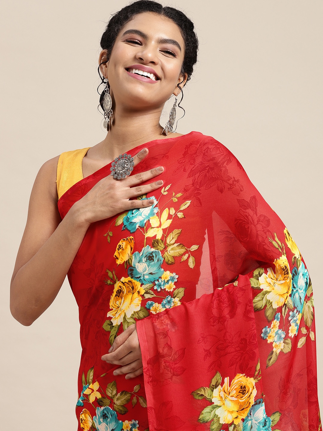 

KALINI Red & Yellow Floral Saree