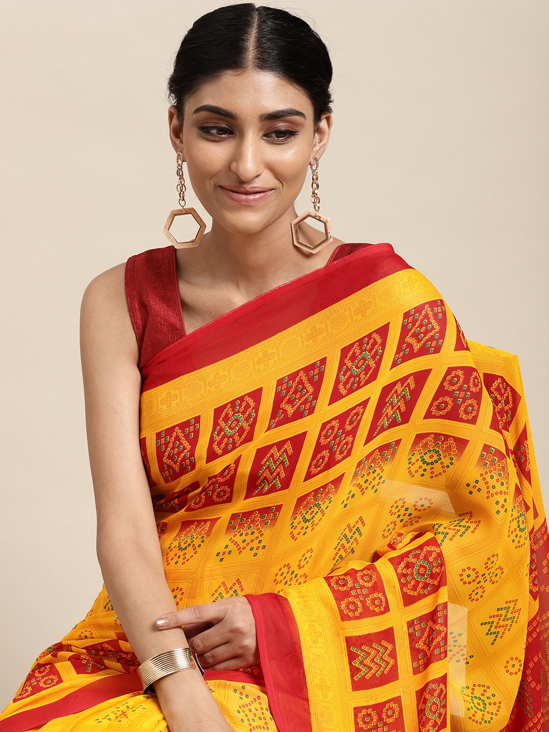 

KALINI Yellow & Red Bandhani Poly Georgette Casual Saree