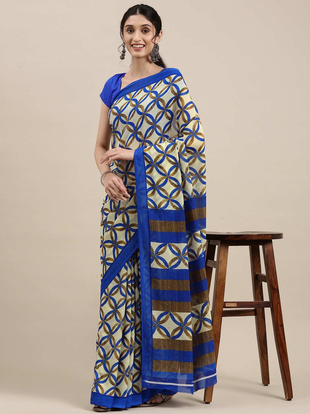 

KALINI Cream-Coloured & Blue Ethnic Motifs Saree