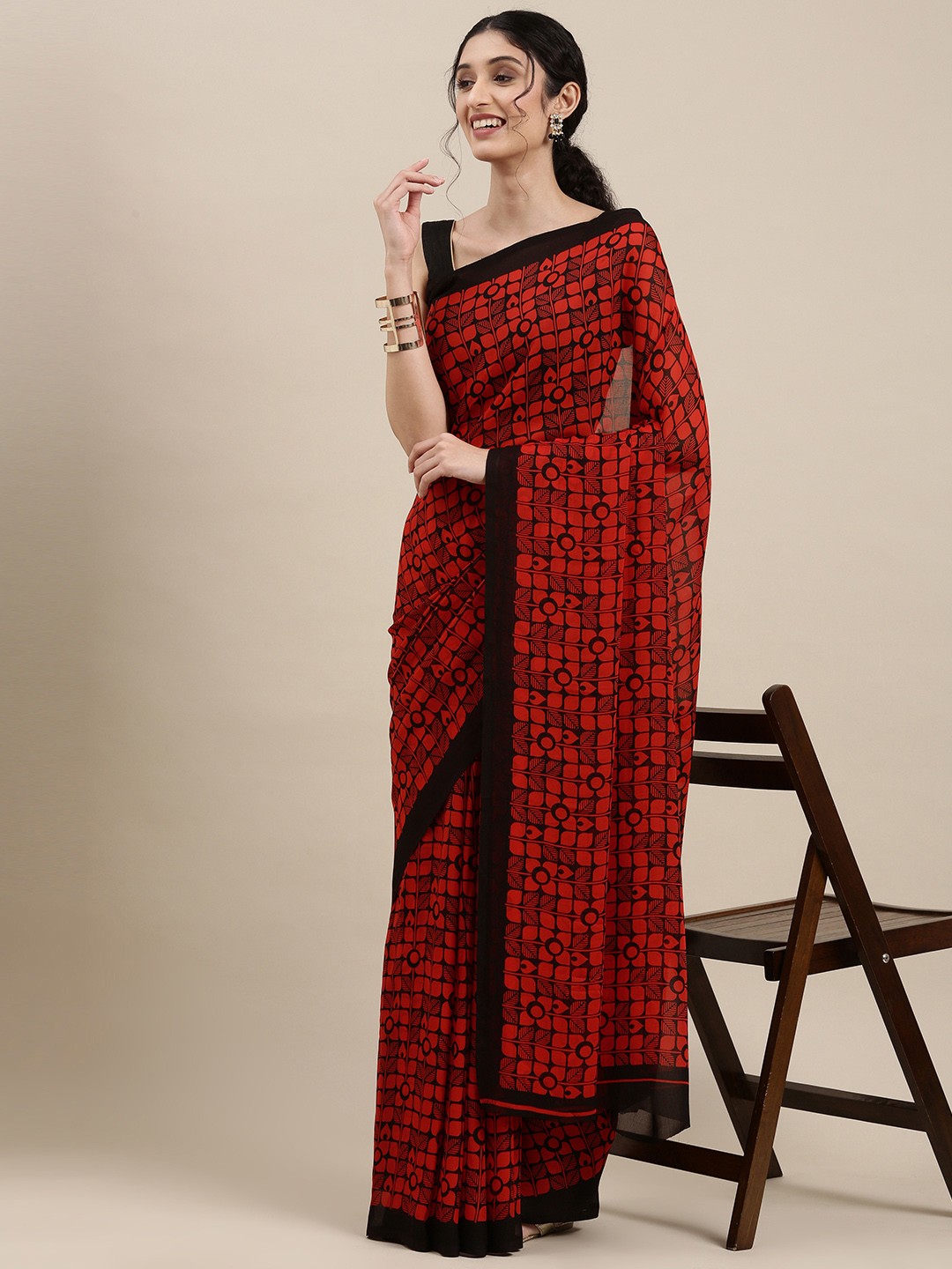

KALINI Black & Red Ethnic Motifs Saree
