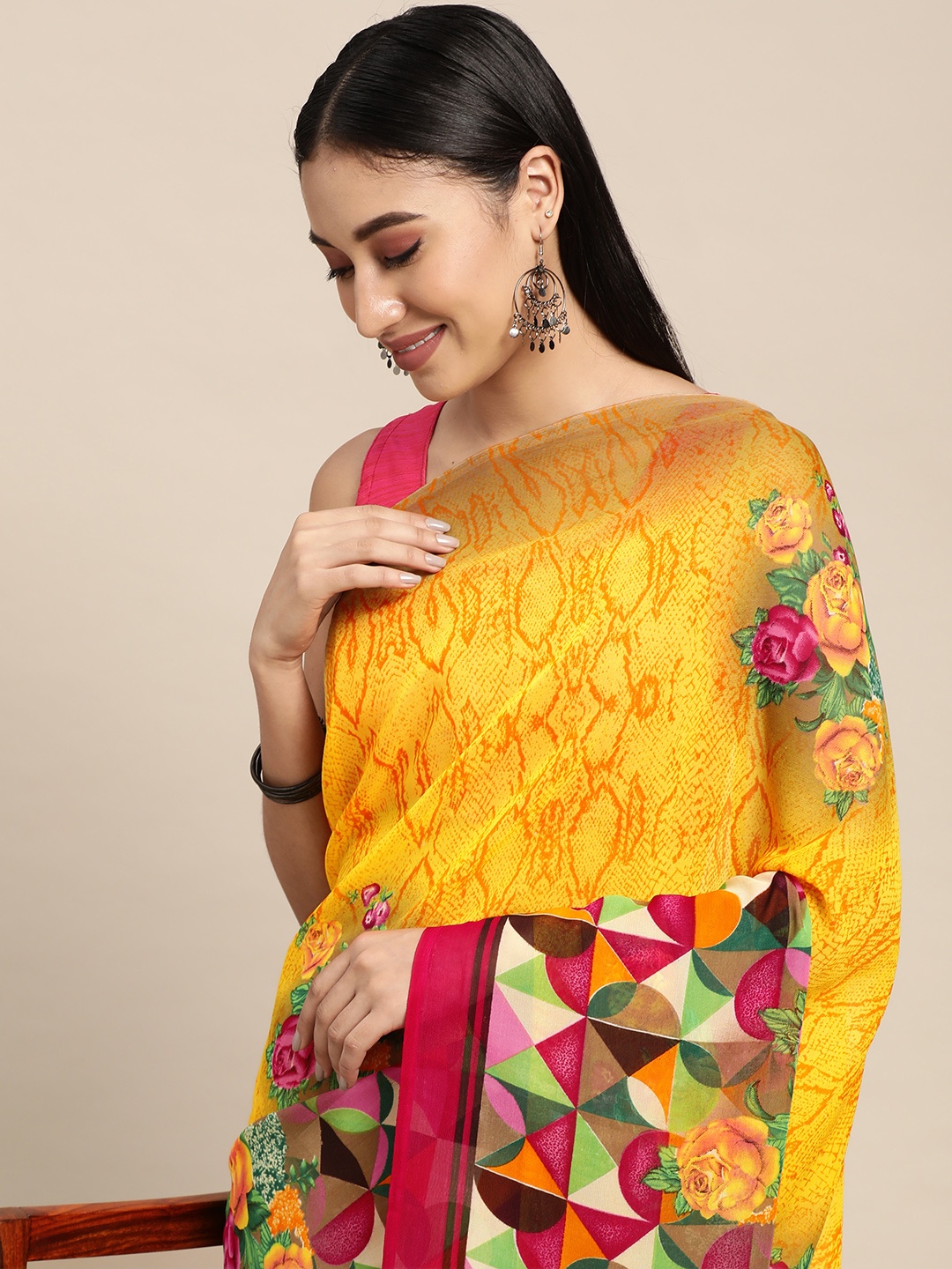 

Moda Rapido Yellow Poly Georgette Casual Saree