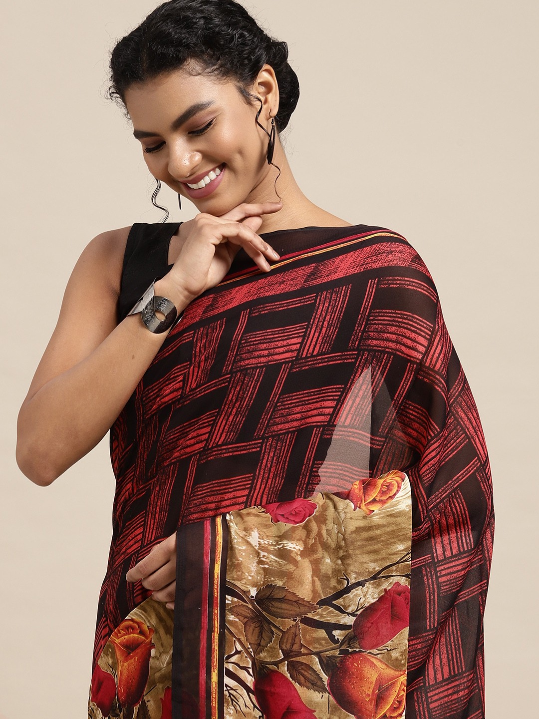 

KALINI Black & Pink Floral Saree