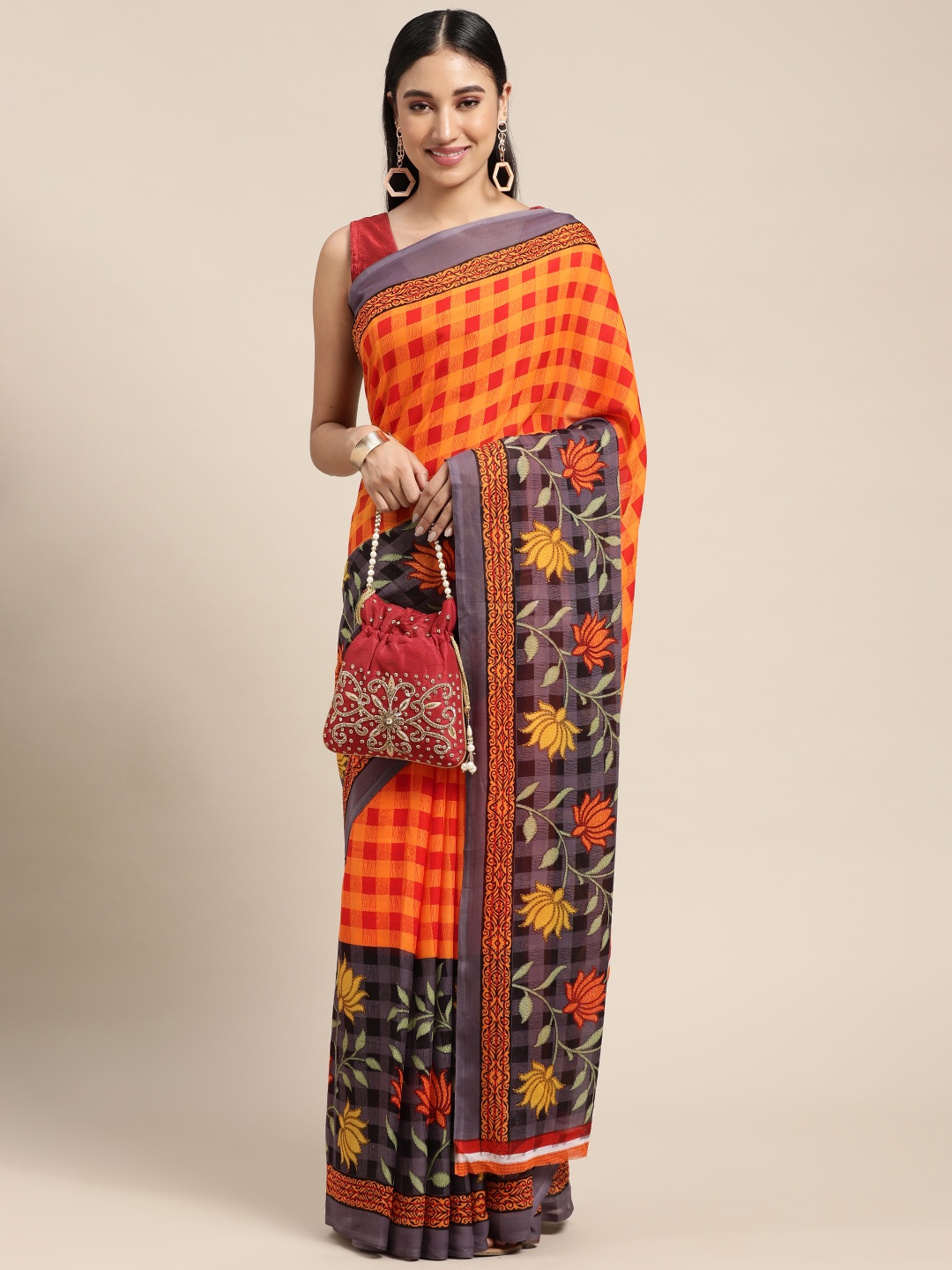 

KALINI Orange Checked Saree