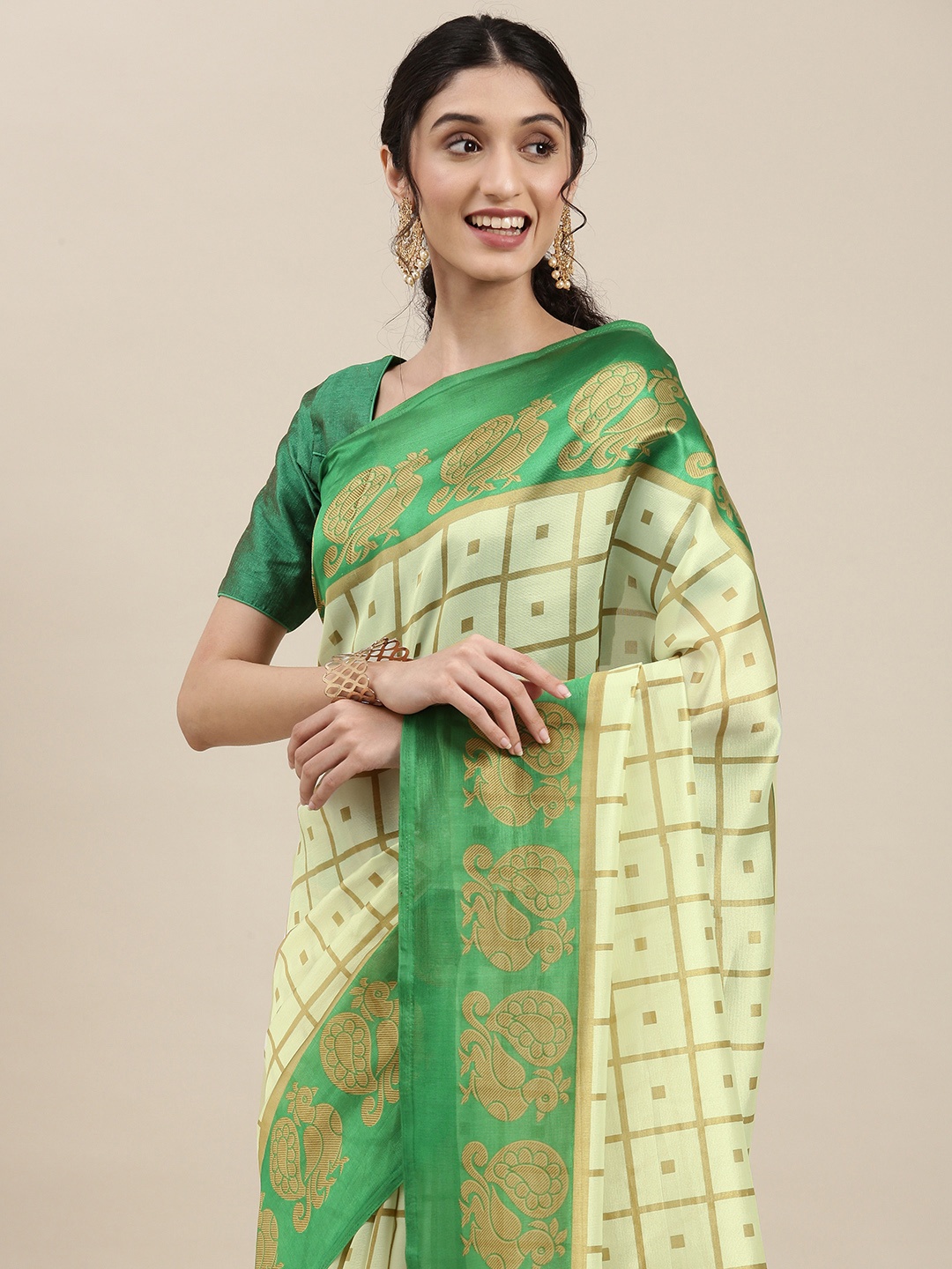 

KALINI Women White & Green Paisley Art Silk Saree