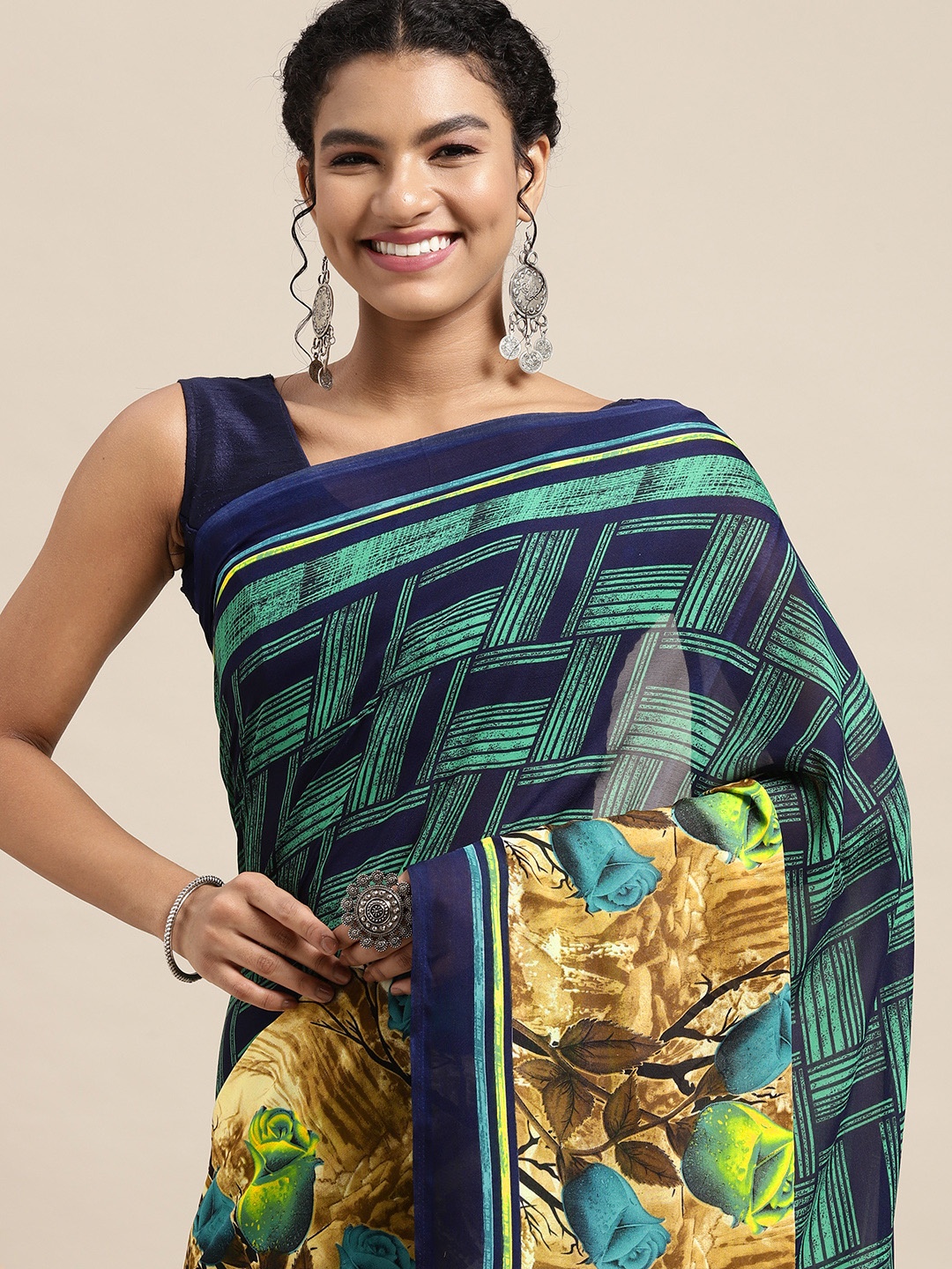 

KALINI Green & Navy Blue Printed Saree