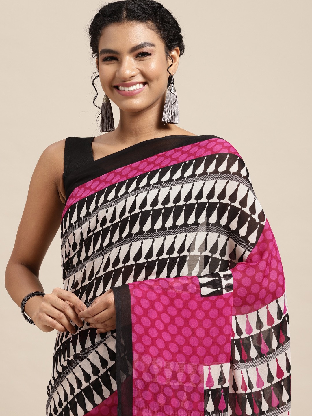 

KALINI White & Pink Ethnic Motifs Saree