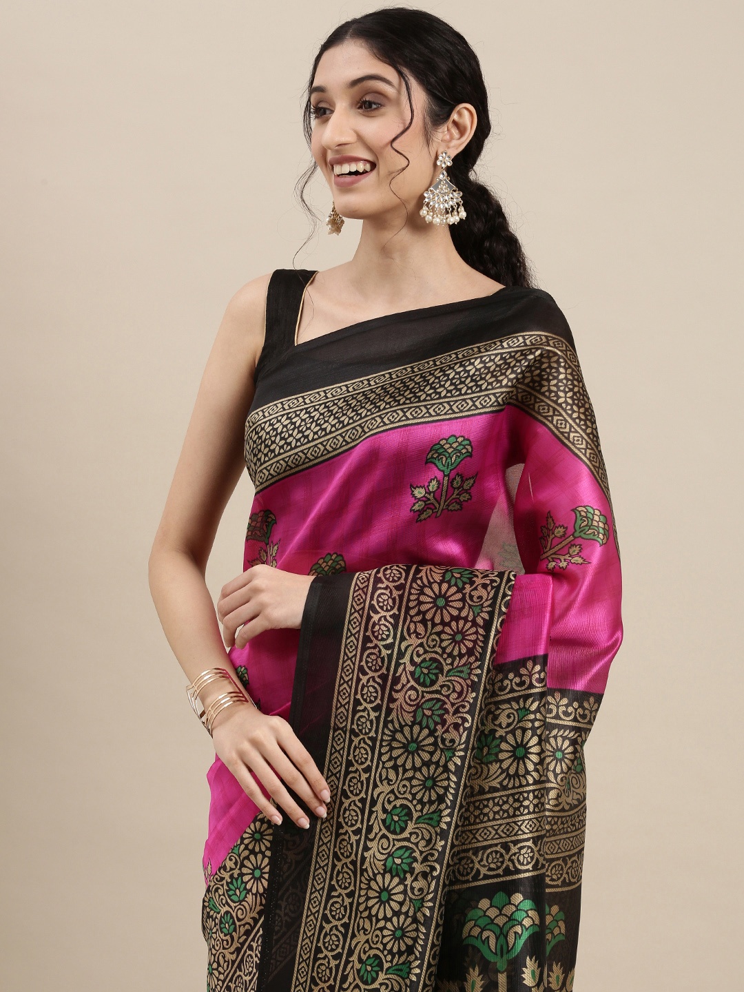

KALINI Pink & Black Ethnic Motifs Saree