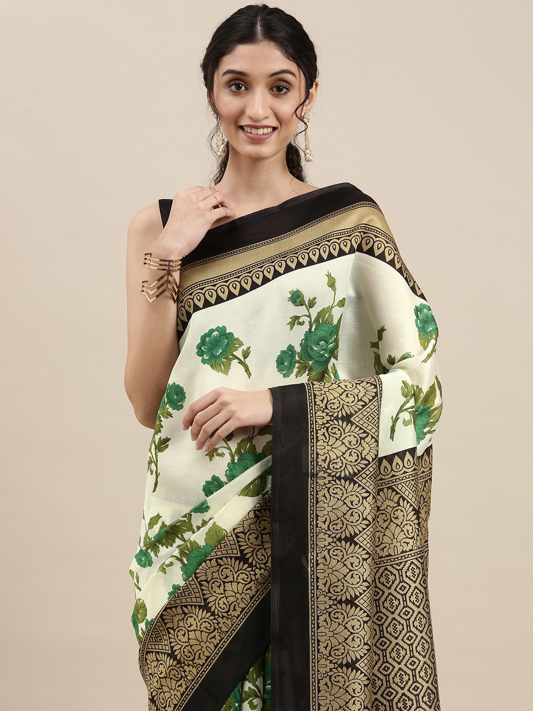 

KALINI White & Green Floral Saree