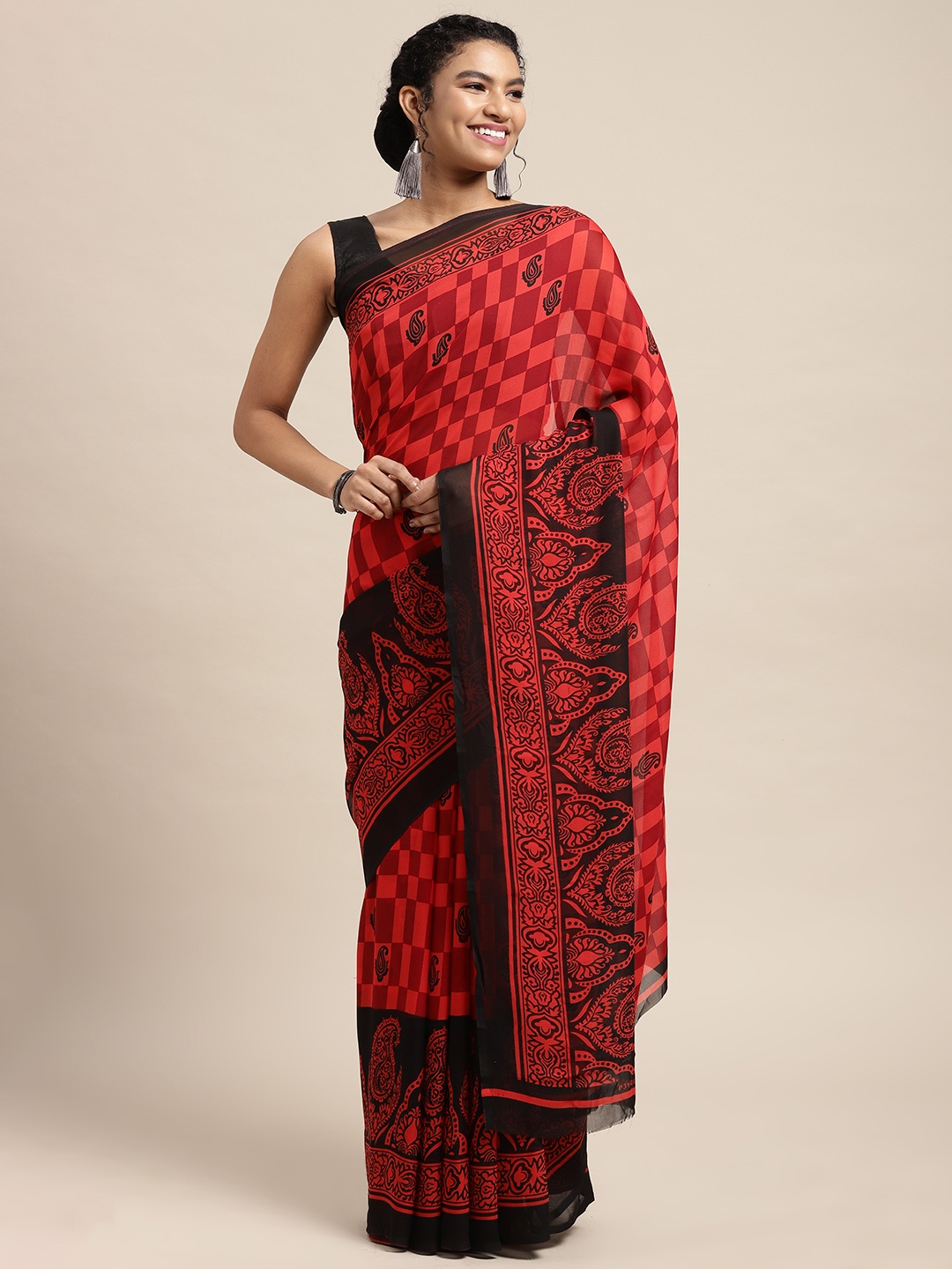 

KALINI Red & Black Ethnic Motifs Saree