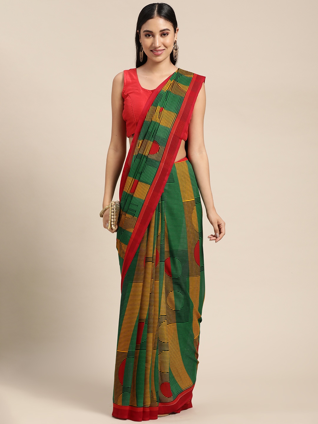 

KALINI Green & Red Geometric Printed Saree