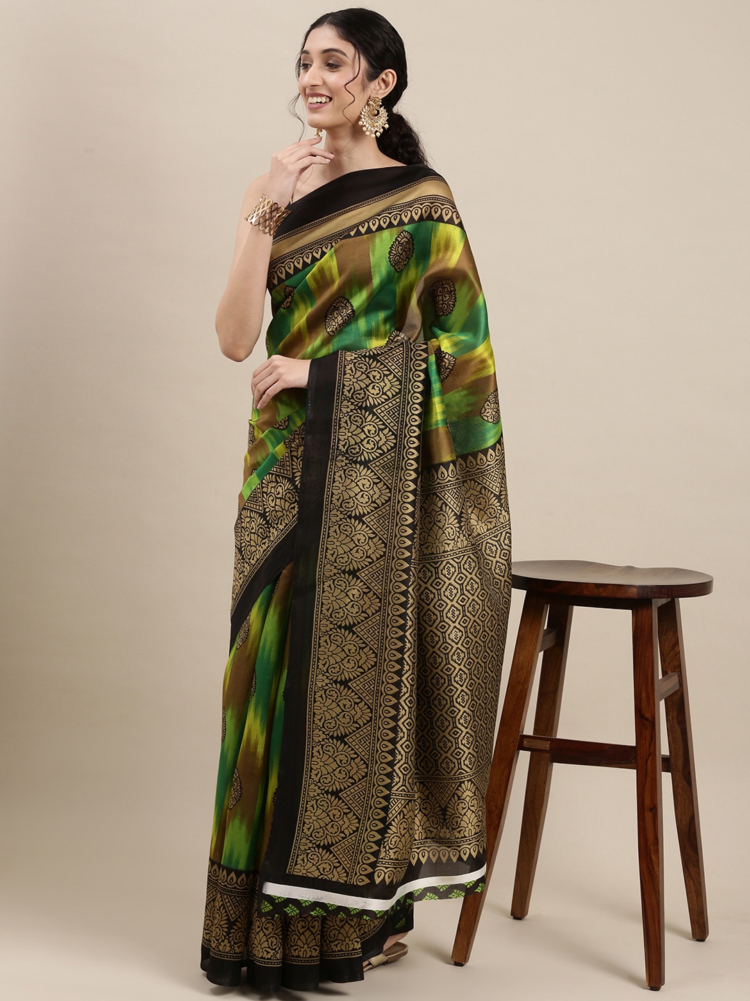 

KALINI Green & Beige Ethnic Motifs Art Silk Saree