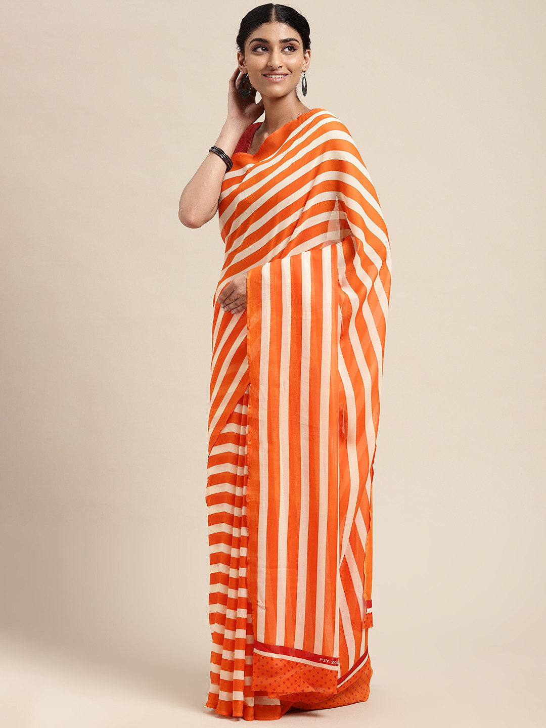 

KALINI White & Orange Striped Saree