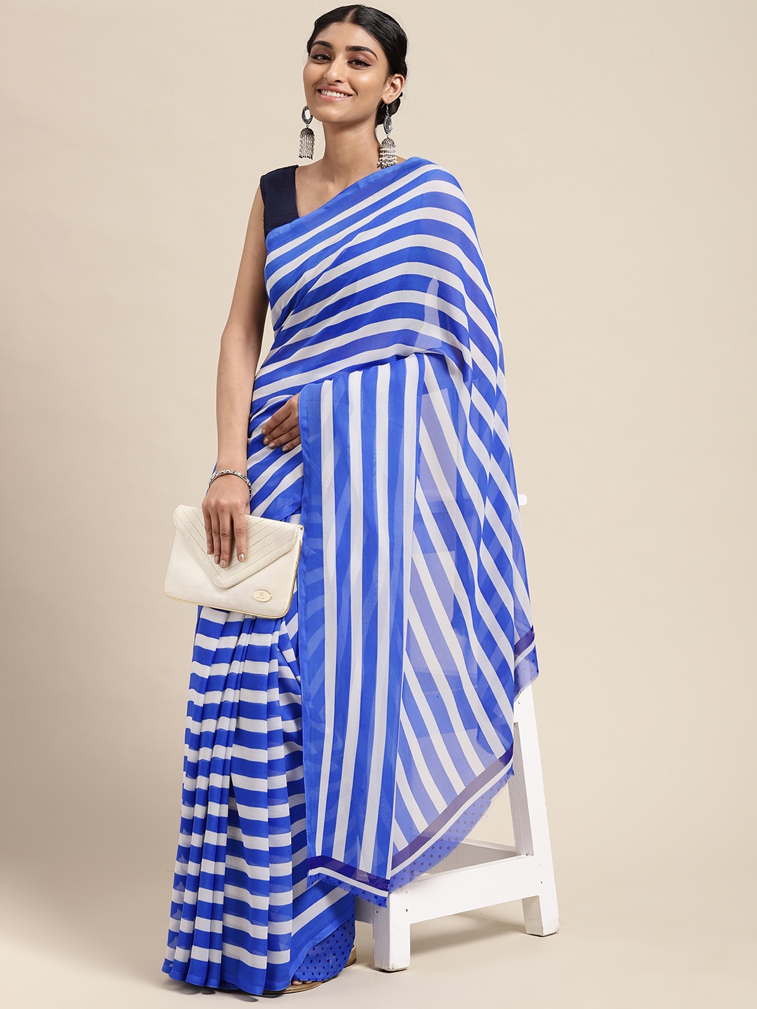 

Moda Rapido White & Blue Striped Saree
